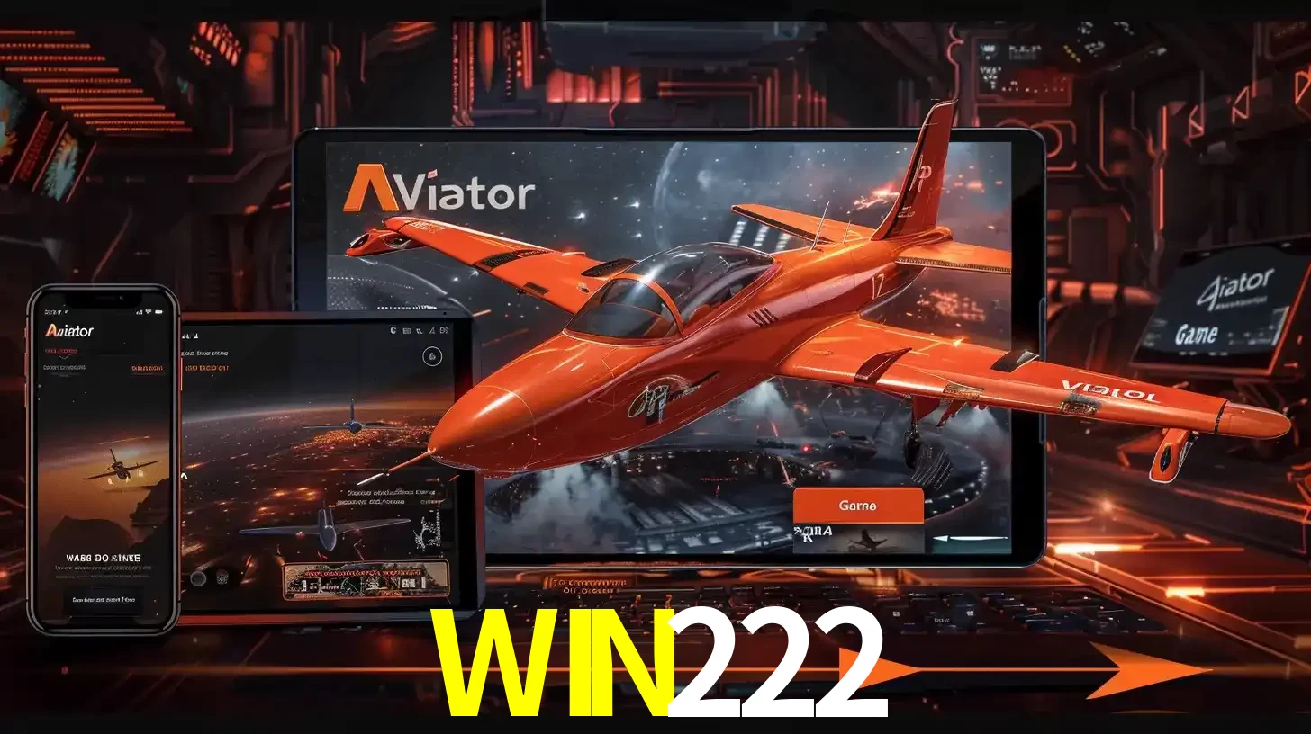 Apresentação tecnológica do jogo Aviator com um avião saindo da tela de um tablet, demonstrando a experiência imersiva em múltiplos dispositivos no WIN222.