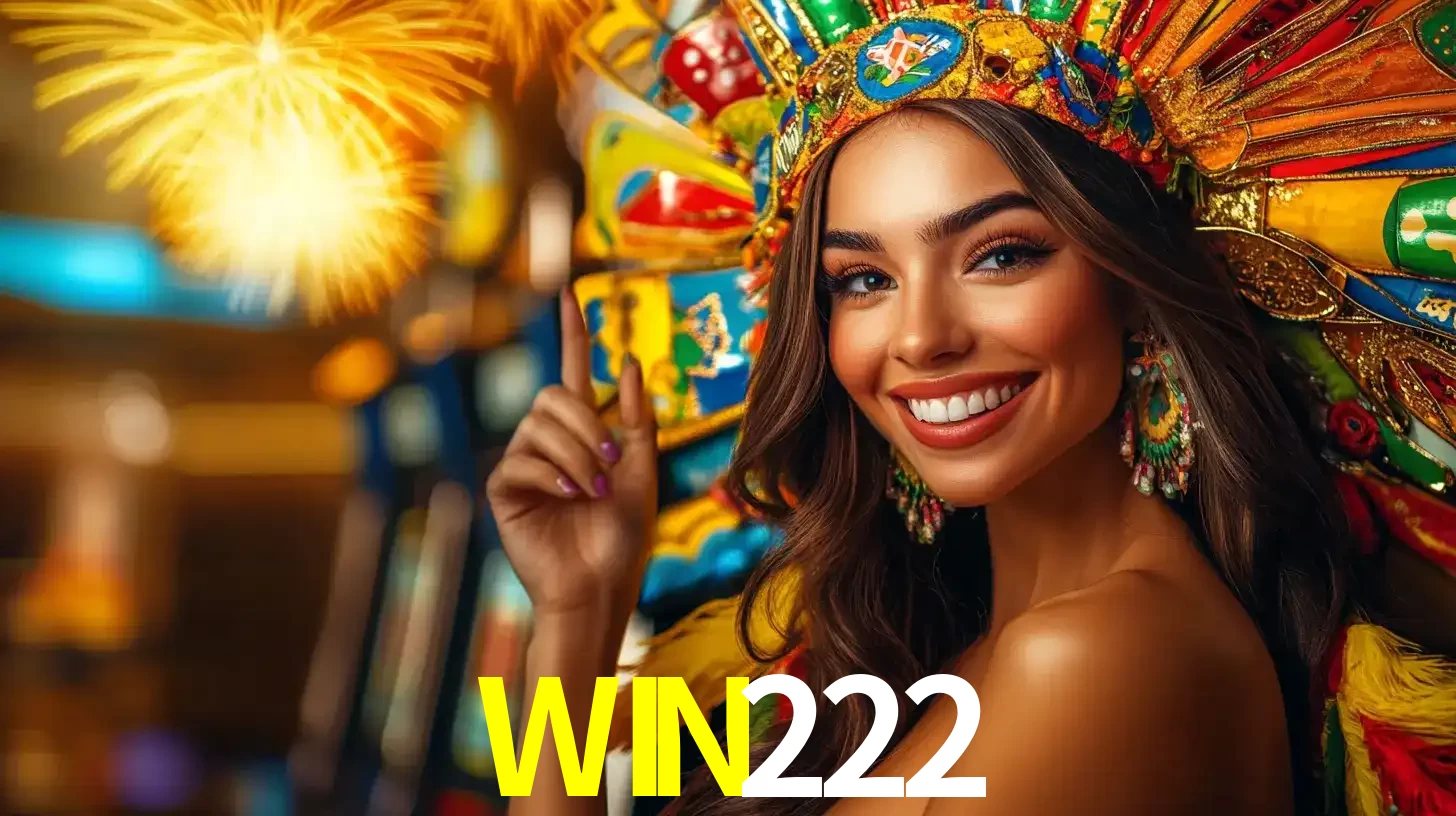 Mulher sorridente com um cocar de carnaval vibrante e colorido, celebrando uma grande vitória nos jogos do cassino WIN222 com fogos de artifício ao fundo.