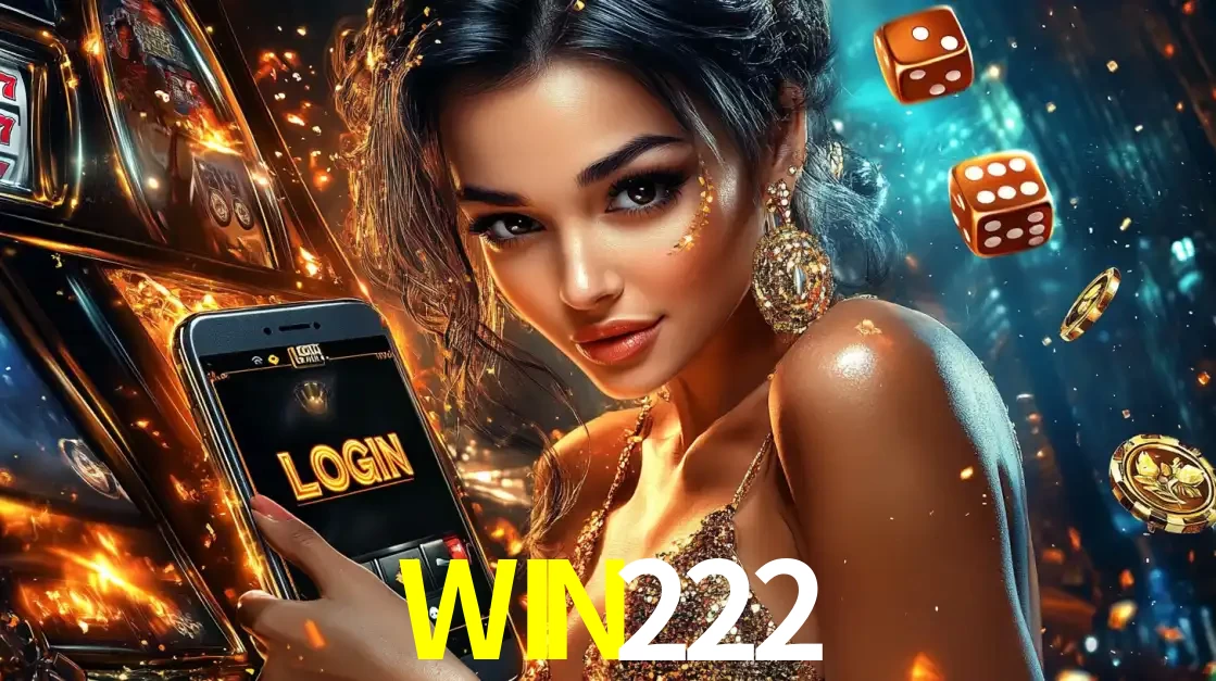 Mulher glamourosa segurando um celular com a tela de login do cassino WIN222, rodeada por dados e moedas douradas, pronta para começar a diversão.