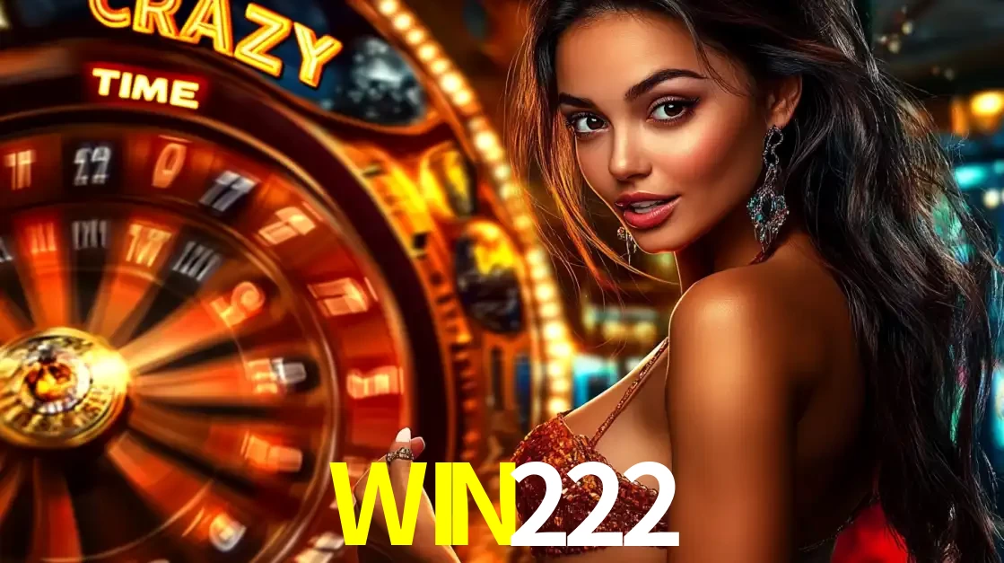 Mulher ao lado da roda de prêmios do jogo de cassino ao vivo Crazy Time, um dos shows de jogos mais emocionantes oferecidos pela plataforma de apostas WIN222.