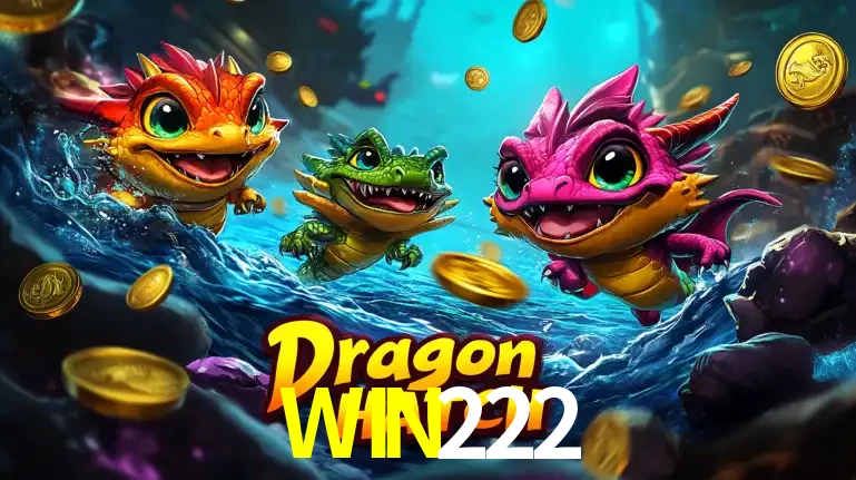 Arte promocional do jogo Dragon Hatch com três adoráveis dragões bebês nadando entre moedas de ouro, um dos slots mais divertidos para jogar no cassino WIN222.