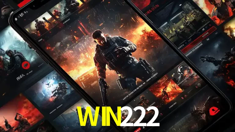 Tela de um celular exibindo uma galeria de jogos de tiro com temática militar, mostrando a variedade de e-sports disponíveis para apostas na plataforma de entretenimento WIN222.