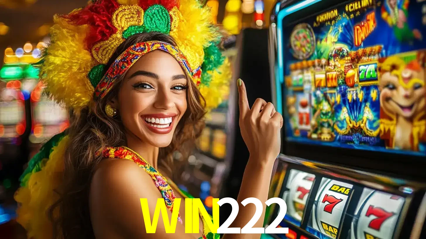 Mulher animada com um cocar de carnaval apontando para uma máquina de caça-níqueis, mostrando a emoção de ganhar um grande prêmio nos jogos do WIN222.