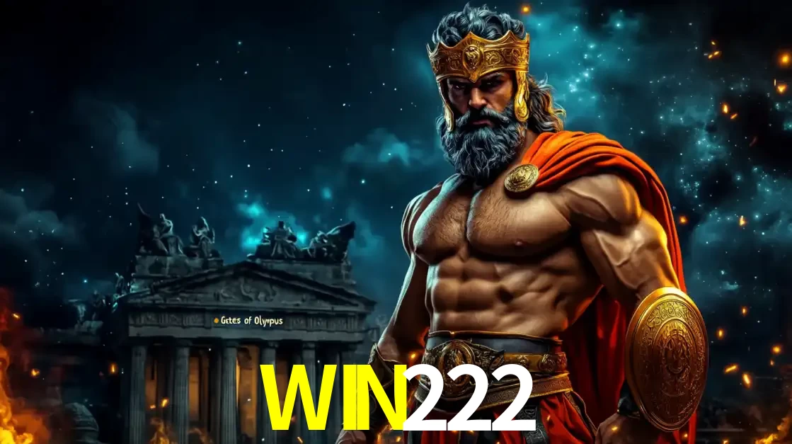 O poderoso Zeus do jogo de slot Gates of Olympus em frente ao seu templo, pronto para lançar multiplicadores divinos e prêmios épicos no cassino online WIN222.