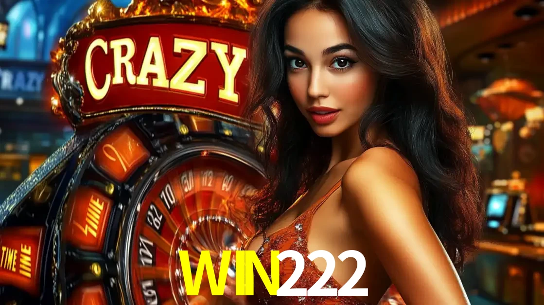 Mulher glamourosa olhando para a câmera com a roda vermelha do Crazy Time ao fundo em um ambiente de cassino, destacando a emoção dos jogos ao vivo no WIN222.