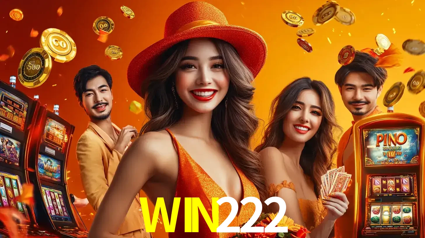 Grupo de amigos asiáticos sorrindo e se divertindo com máquinas de caça-níqueis em um ambiente festivo, celebrando suas vitórias nos jogos de cassino do WIN222.