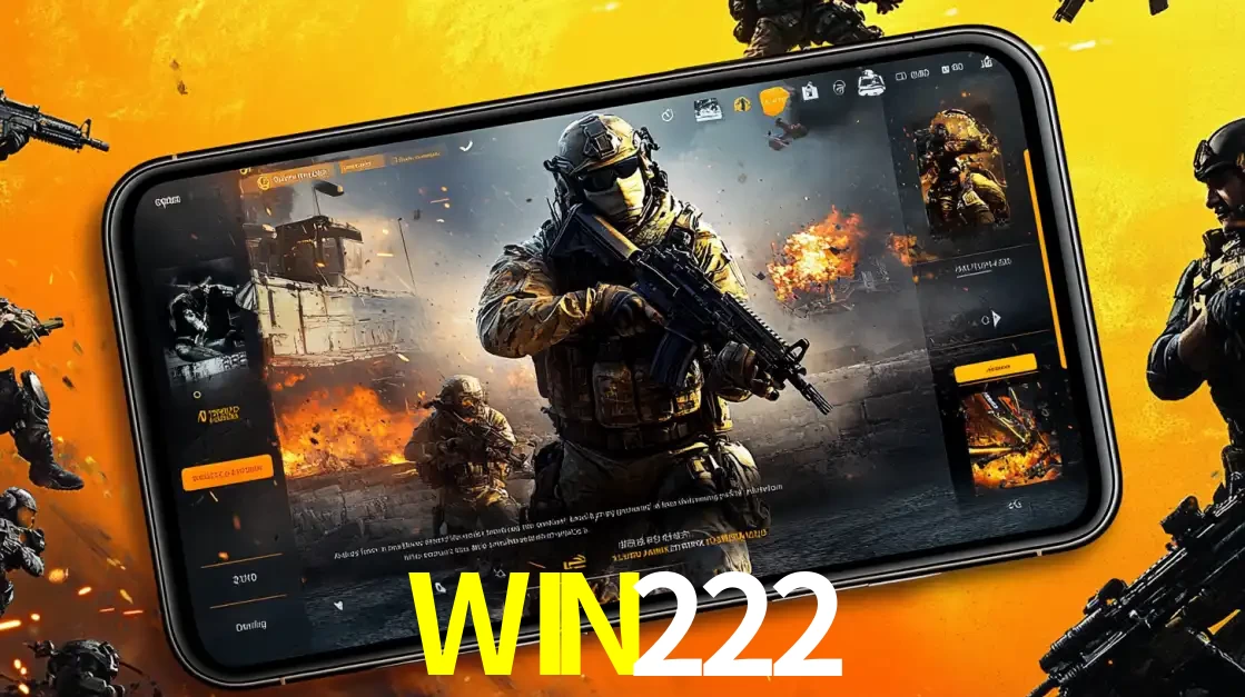 Um smartphone exibindo a interface de um jogo de tiro em primeira pessoa, com um soldado em um cenário de batalha, representando a ação dos e-sports para apostar no WIN222.