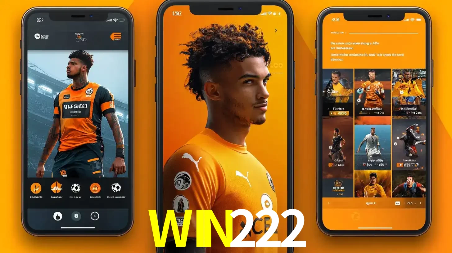 Interface do aplicativo de apostas esportivas WIN222 em três telas de celular, mostrando o perfil de um jogador de futebol e a lista de jogos disponíveis para apostar.