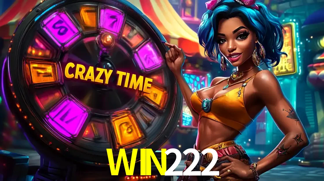 Mulher estilizada com cabelo azul e visual vibrante posando ao lado da roda de prêmios do game show Crazy Time, convidando para a diversão e os bônus do cassino WIN222.