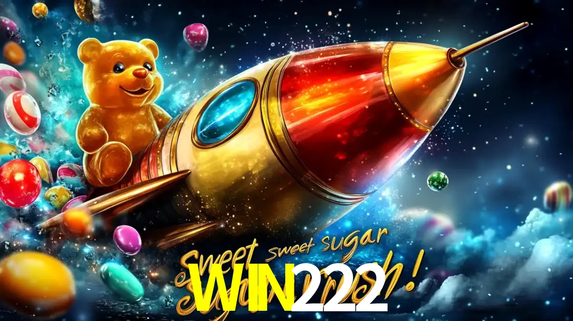 Arte promocional do jogo de slot Sugar Rush, com um urso de pelúcia em um foguete viajando pelo espaço de doces, um dos jogos divertidos disponíveis no cassino WIN222.