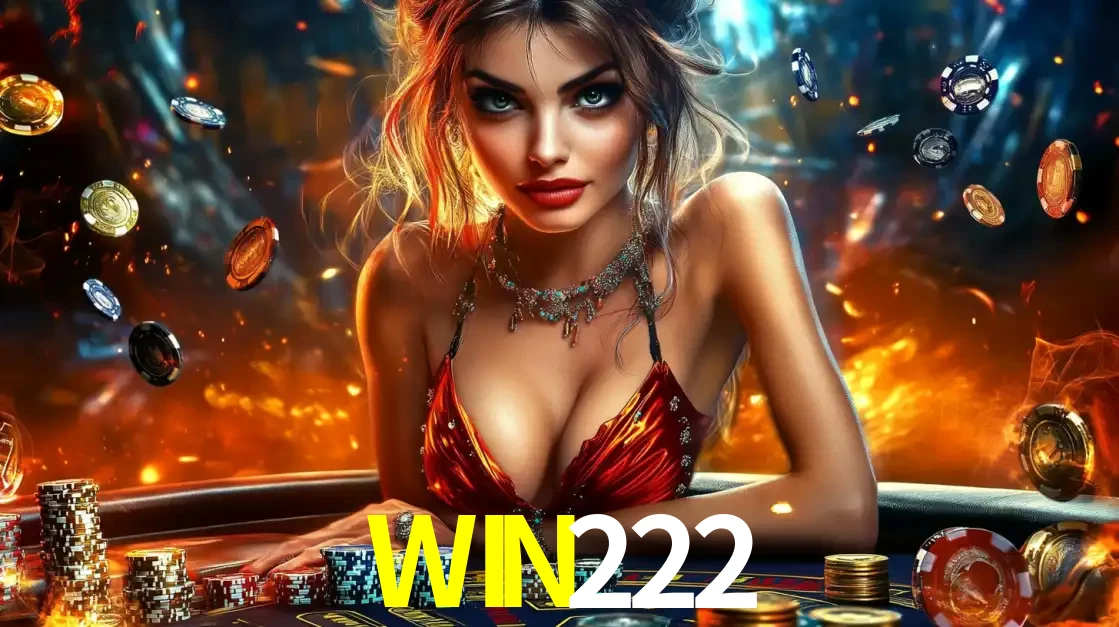 Mulher em uma mesa de cassino com pilhas de fichas e um fundo de fogo, pronta para uma rodada de altas apostas nos jogos de mesa emocionantes do cassino WIN222.