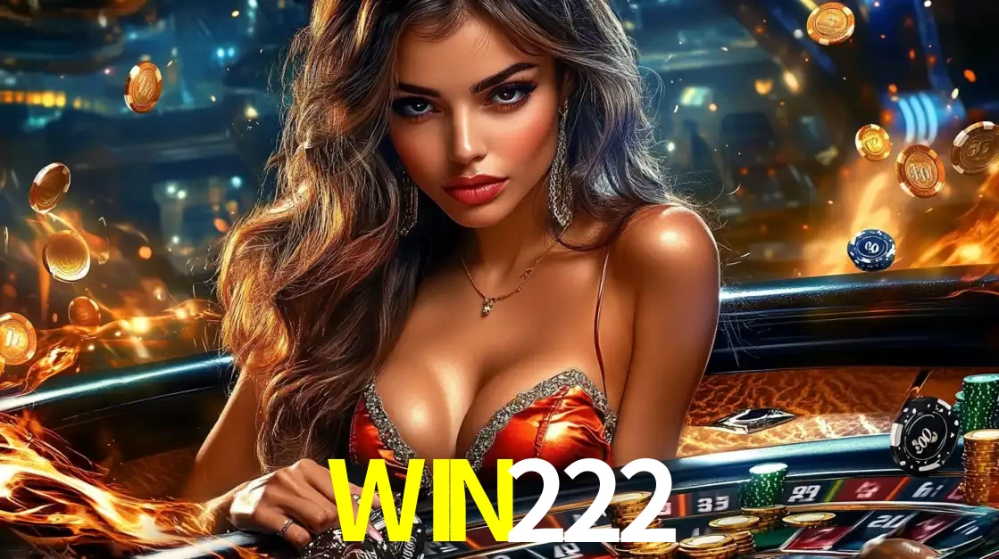 Mulher glamourosa em uma mesa de roleta com um fundo de chamas e moedas voadoras, pronta para fazer sua aposta e ganhar grandes prêmios no cassino ao vivo WIN222.