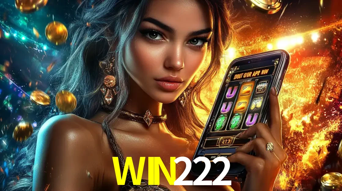Mulher elegante mostrando um jogo de caça-níqueis em seu smartphone, destacando a experiência de cassino móvel oferecida pelo aplicativo WIN222.