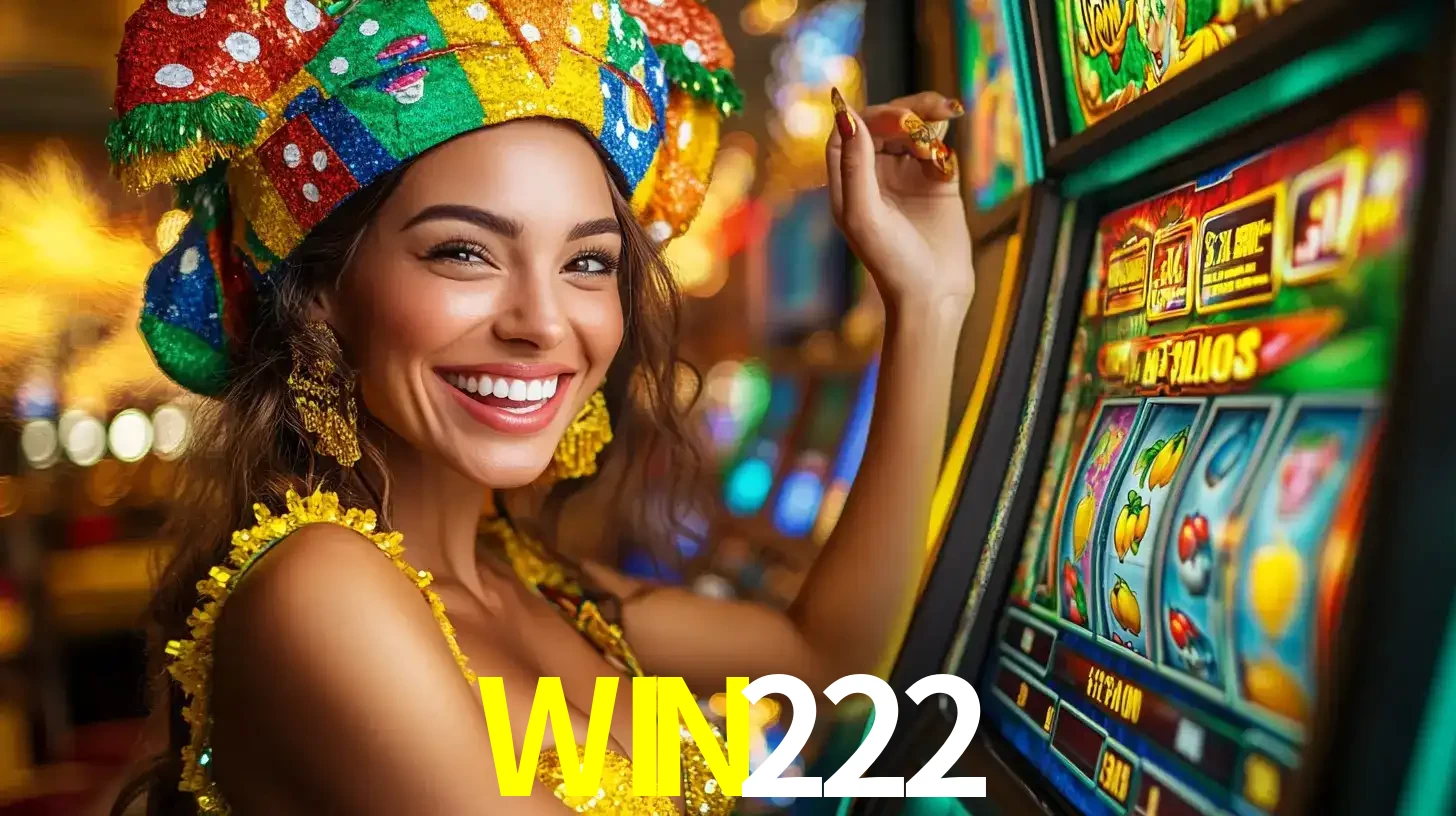 Mulher feliz com traje de carnaval amarelo e colorido ao lado de uma máquina de caça-níqueis, aproveitando a diversão e os jogos temáticos do cassino WIN222.
