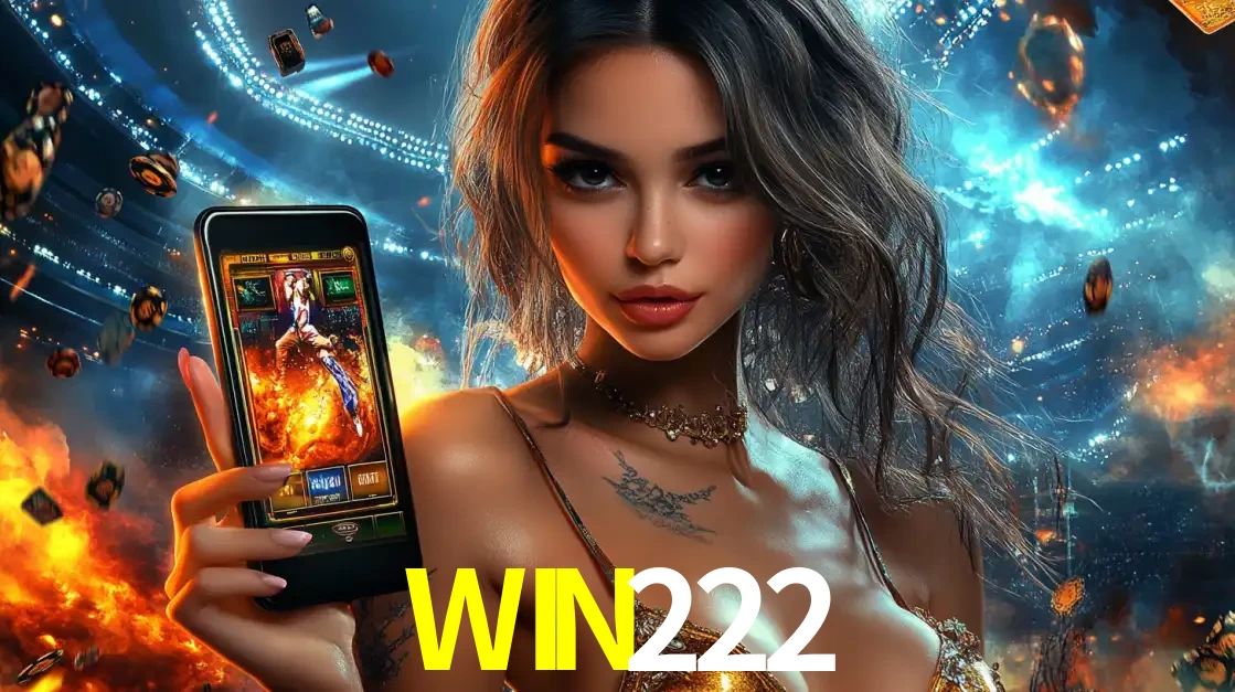 Mulher segurando um celular com um jogo de slot em destaque, tendo como fundo um estádio vibrante, simbolizando a emoção de jogar no cassino móvel WIN222.