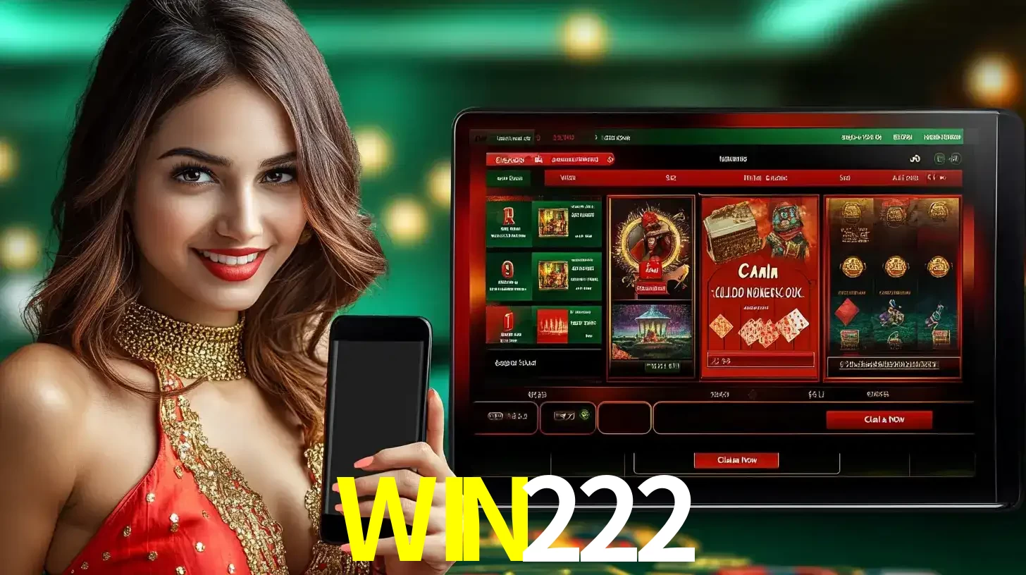Mulher sorridente segurando um smartphone, ao lado de uma tela exibindo o lobby de jogos do cassino online WIN222, com várias opções de jogos de cartas e slots.